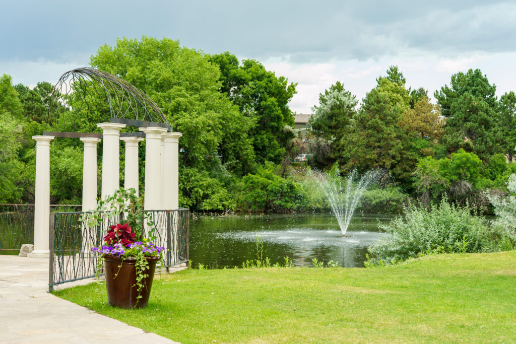 Baldoria on the Water in Lakewood, Colorado — a hidden gem corporate meeting venue with a scenic pond and patio view. Photo by McBoat Photography.